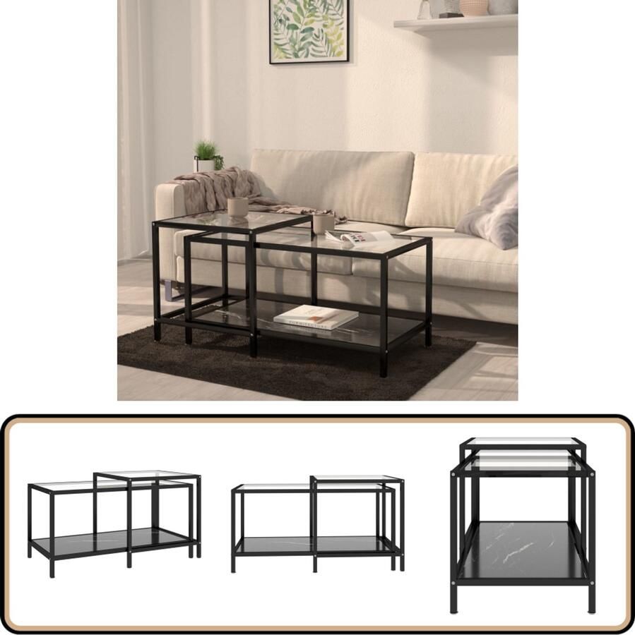 VidaXL Salontafelset 2-delig Gehard glas Zwart Salontafel Industrieel Design Zwarte Salontafel Glazen Salontafel Metalen Salontafel Set Van Twee Tafels