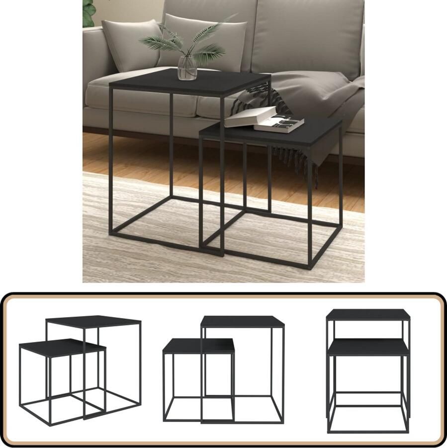 VidaXL Salontafelset 2 st bewerkt hout en metaal Salontafel Salontafeltje Koffietafel Tv-tafel Houten Tafel Zwarte Tafel Metalen Tafel Stackable Coffee Table