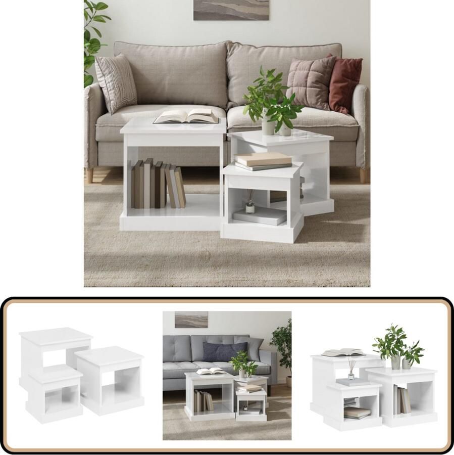 VidaXL Salontafelset 3-delig hoogglans wit Bijzettafel Salontafel Houten Meubilair Witte Meubelen Modern Wonen Klassiek Design Stackable Furniture