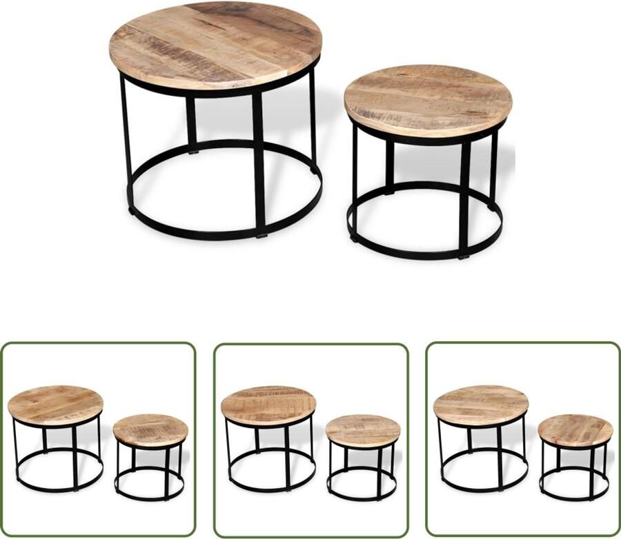 VidaXL Salontafelset Rond Mangohout 2-delig Salontafel Houten Salontafel Industriële Salontafel Mangohout Salontafeltje Bijzettafel Woonkamerdecor