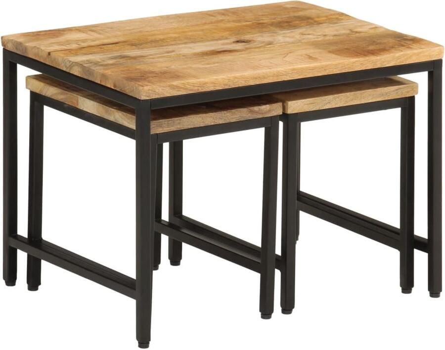 VidaXL Nesttafel Nesttafels Bijzettafel Banktafel 3-delige Salontafelset massief ruw mangohout en ijzer