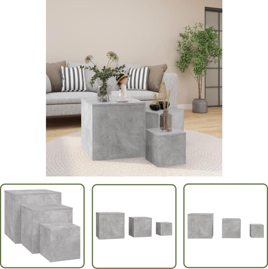 The Living Store Bijzettafels Set van 3 Betongrijs Spaanplaat 45x45x45cm 35x35x35cm 24x24x24cm Bijzet Tafels Salontafeltje Sidetable Houten Bijzettafels Grijze Bijzettafels - Foto 2