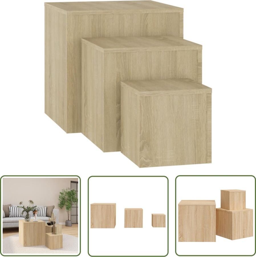 The Living Store Bijzettafel Set Spaanplaat Sonoma Eiken 45x45x45cm 35x35x35cm 24x24x24cm Bijzettafels Salontafeltje Sidetable Houten Meubilair Spaanplaat Meubel