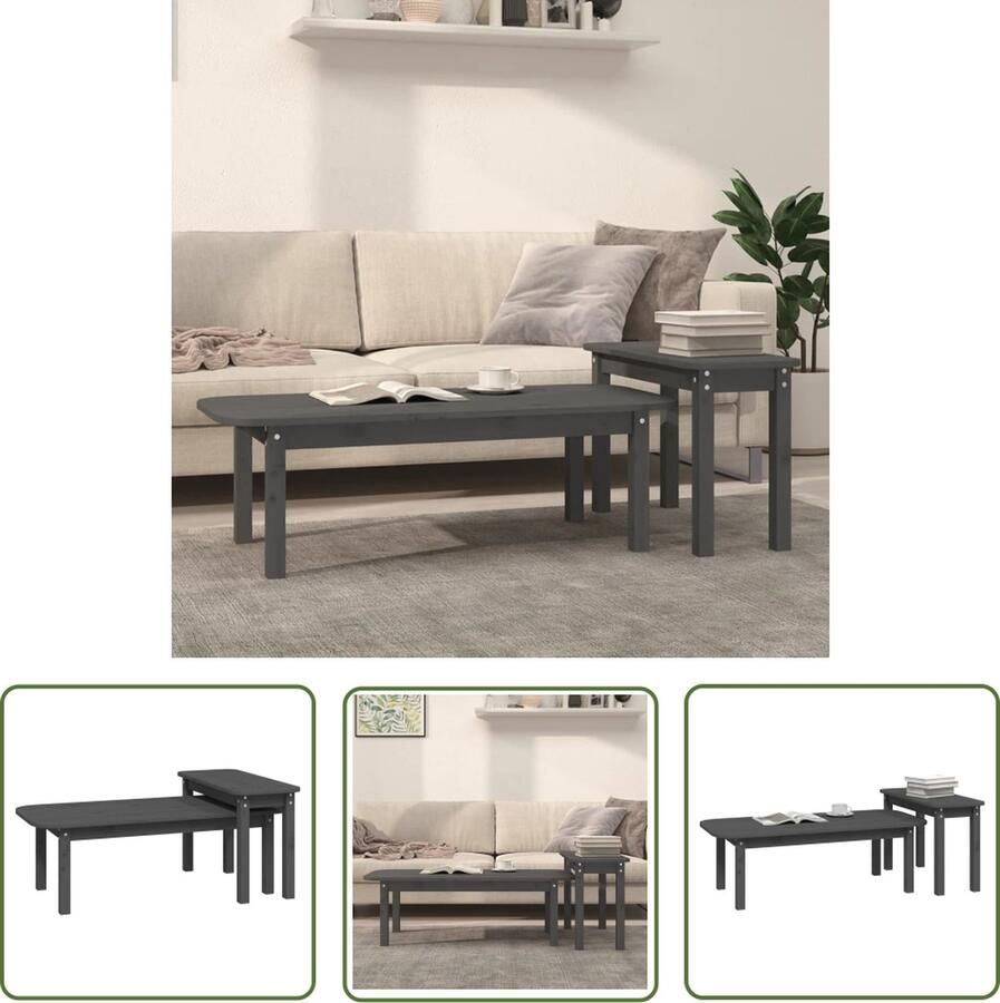 The Living Store Houten Salontafelset Grijs Massief Grenenhout Ruimtebesparend Stevig Tafelblad 110 x 50 x 35 cm 70 x 30 x 45 cm 2x Salontafel Houten Salontafel Salontafeltje Bijzettafel Grenoble Hout Grijze Salontafel - Foto 2