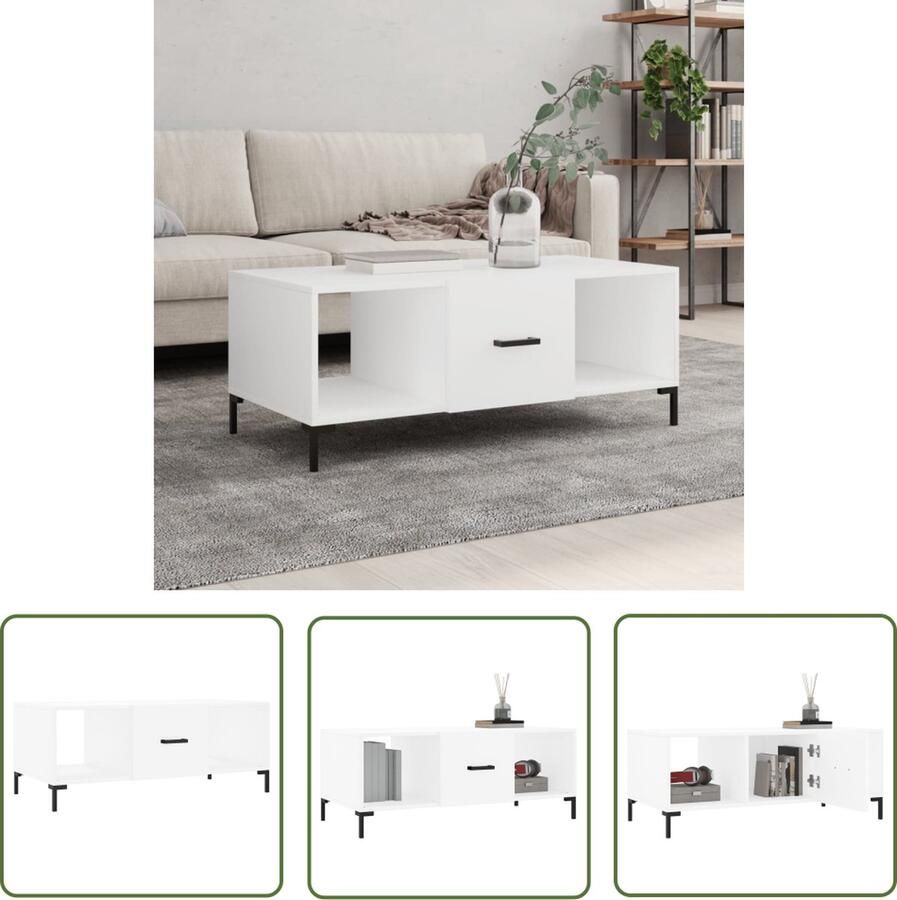 The Living Store Salontafel wit bewerkt hout en ijzer 102 x 50 x 40 cm (B x D x H) Salontafel Salontafeltje Houten Salontafel Witte Salontafel Bijzettafel