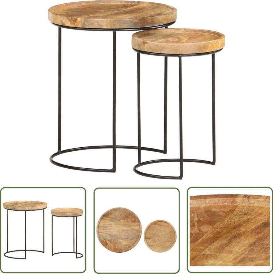 The Living Store Salontafelset Bruin Zwart Massief mangohout Vintage Design 36x42 cm en 26x37 cm Geen montage nodig Salontafel Salontafeltje Vintage Design Mangohouten Meubilair Houten Salontafel - Foto 2