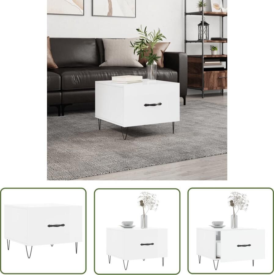 The Living Store Salontafel Hoogglans wit Hout en ijzer 50 x 50 x 40 cm Salontafel Salontafeltje Bijzettafel Houten Salontafel Witte Salontafel
