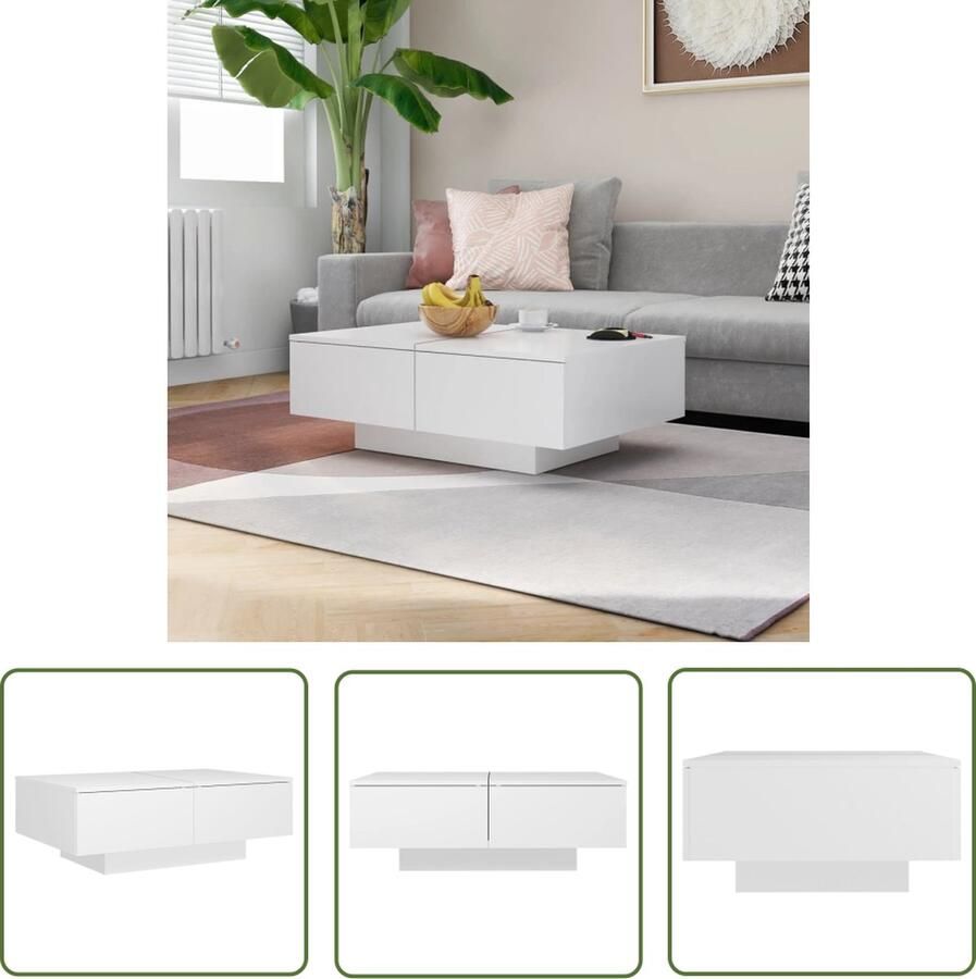 The Living Store Salontafel -Tafelblad- 90x60x31cm Kleur- wit Salontafel Salontafeltje Coffeetable Zitkamermeubel Houten Meubilair - Foto 2