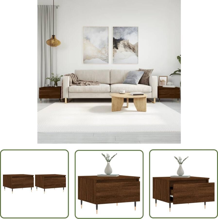 The Living Store Salontafels 2 st 50x46x35 cm bewerkt hout bruin eikenkleur Salontafel Salontafeltje Houten Salontafel Bruine Eiken Meubilair Bijzettafel