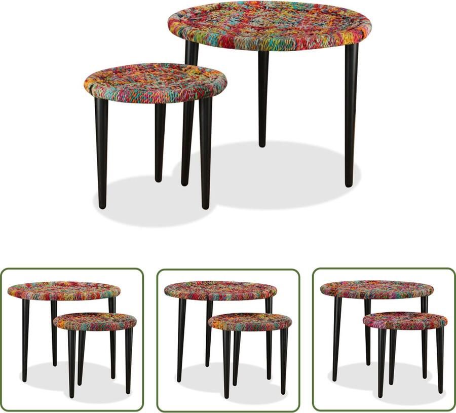 The Living Store Salontafelset Chindi 59x47 (Ã¸xH) kleurrijk geweven details handgemaakt 2-delige set Salontafel Salontafeltje Chindi Handgemaakte Meubels Multicoloured Furniture - Foto 2