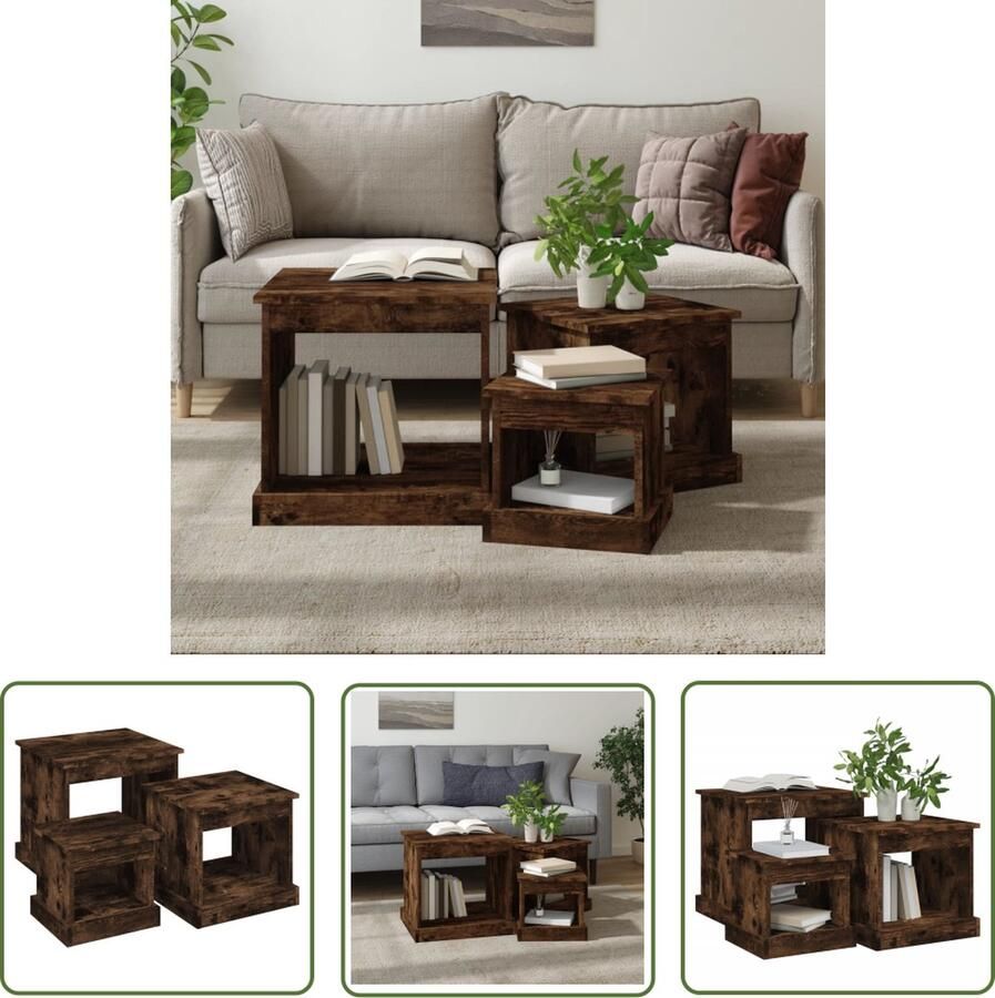 The Living Store 3-delige Salontafelset bewerkt hout gerookt eikenkleurig Bijzet Tafels Salontafeltjes Houten Meubilair Houtlook Robuuste Tafels