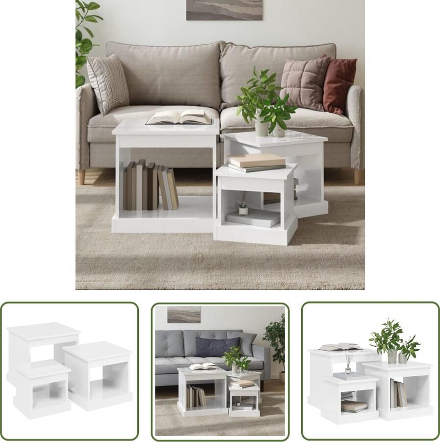 The Living Store Bijzettafelset Classic Bewerkt Hout 48x45x45 cm Hoogglans Wit Bijzet Tafels Salontafeltjes Houten Meubilair Witte Meubelen Modern Wonen