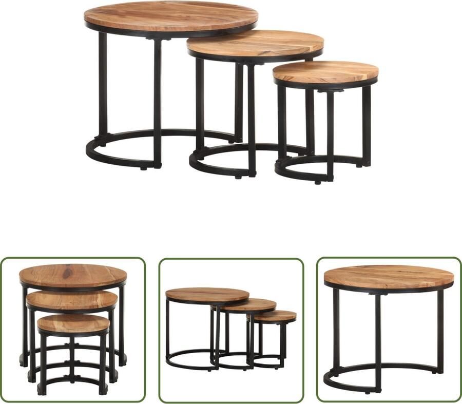 The Living Store Bijzettafels Acaciahout Set van 3 á 31 x 32 cm á 41 x 39 cm á 52 x 44 cm Bijzettafels Salontafeltjes Acacia Meubilair Industriële Styling Houten Bijzettafels
