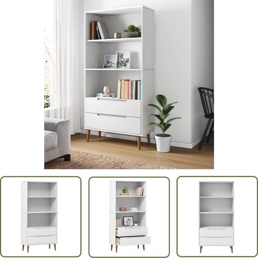 The Living Store MOLDE Boekenkast 85 x 35 x 170.5 cm wit grenenhout uv-vernis Boekenkast Scandinavisch Design Grenenhout Wit Bibliotheek