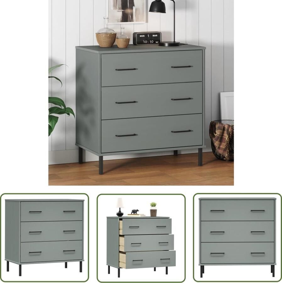 VidaXL Scandinavisch Design Dressoir met 3 lades OSLO 77x40x79 5 cm massief hout grijs Houten Dressoir Grenshouten Dressoir Vintage Dressoir