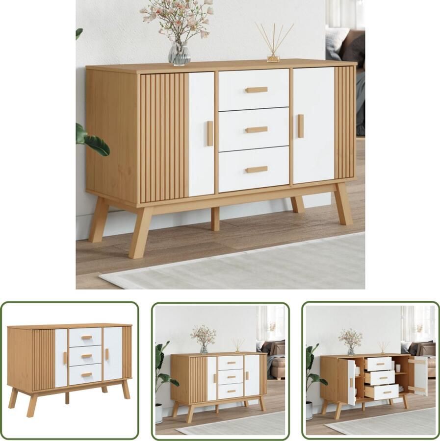 The Living Store Dressoir OLDEN 114x43x73 5 cm massief grenenhout wit en bruin Dressoir Buffetkast Scandinavisch Design Grenenhout Vintage