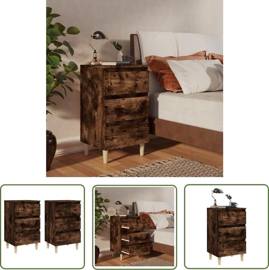 The Living Store Bedkastjes Scandinavisch design Gerookt eiken 40 x 35 x 69 cm Met 3 lades Nachtkaste Scandinavisch Design Bedkastje Rokerde Eik Lade - Foto 2