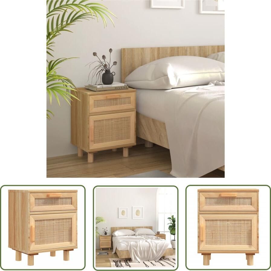 The Living Store Nachtkastje Scandinavisch Design Bewerkt Hout Met Lade en Vakken Natuurlijk Rattan Weefontwerp Massief Grenenhouten Poten Bruin 40 x 30 x 50 cm - Foto 2