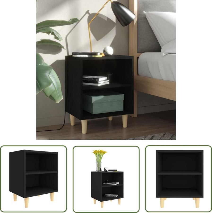 The Living Store Nachtkastje Scandinavische stijl 40 x 30 x 50 cm Zwart hout 2 schappen Nachtkastje Scandinavisch Design Zwarte Nachtkast Hout Meubilair Slaapkamermeubel - Foto 2