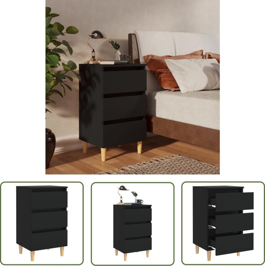The Living Store Bedkastje Scandinavisch ontwerp 3 lades 40 x 35 x 69 cm Zwart Nachtkastje Scandinavisch Design Bedkastje Slaapkamermeubel Houten Kast - Foto 2