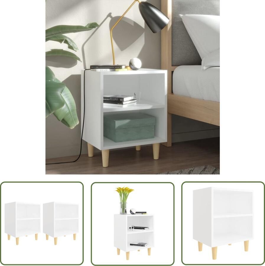 The Living Store Nachtkastjes Scandinavische stijl Houten poten 2 schappen Wit 40x30x50cm (BxDxH) Nachtkastje Scandinavisch Design Houten Poten Witte Meubels Slaapkamerinrichting - Foto 2