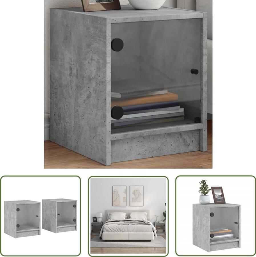 The Living Store Nachtkastjes met glazen deuren 2 st 35x37x42 cm betongrijs Nachtkastjes Scandinavisch Design Betongrijs Houten Meubel Badkamermeubel
