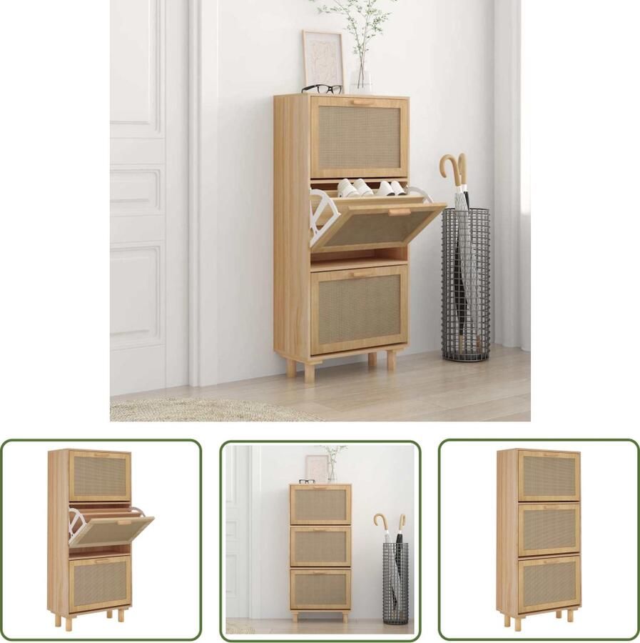 The Living Store Schoenenkast Scandinavisch Ontwerp 3 Lades Natuurlijk Rattan Bruin 52 x 25 x 115 cm Schoenenkast Scandinavisch Design Houten Schoenenkast Schoenenopbergers Bergruimte - Foto 2