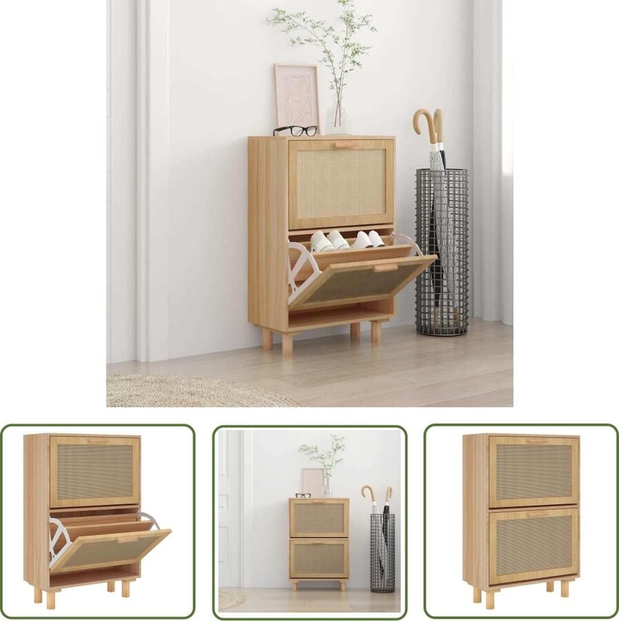 The Living Store Schoenenkast 52x25x80 cm bewerkt hout & natuurlijk rattan bruin Schoenenkast Scandinavisch Design Houten Schoenenkast Schoenen Organisatie Bergruimte - Foto 2