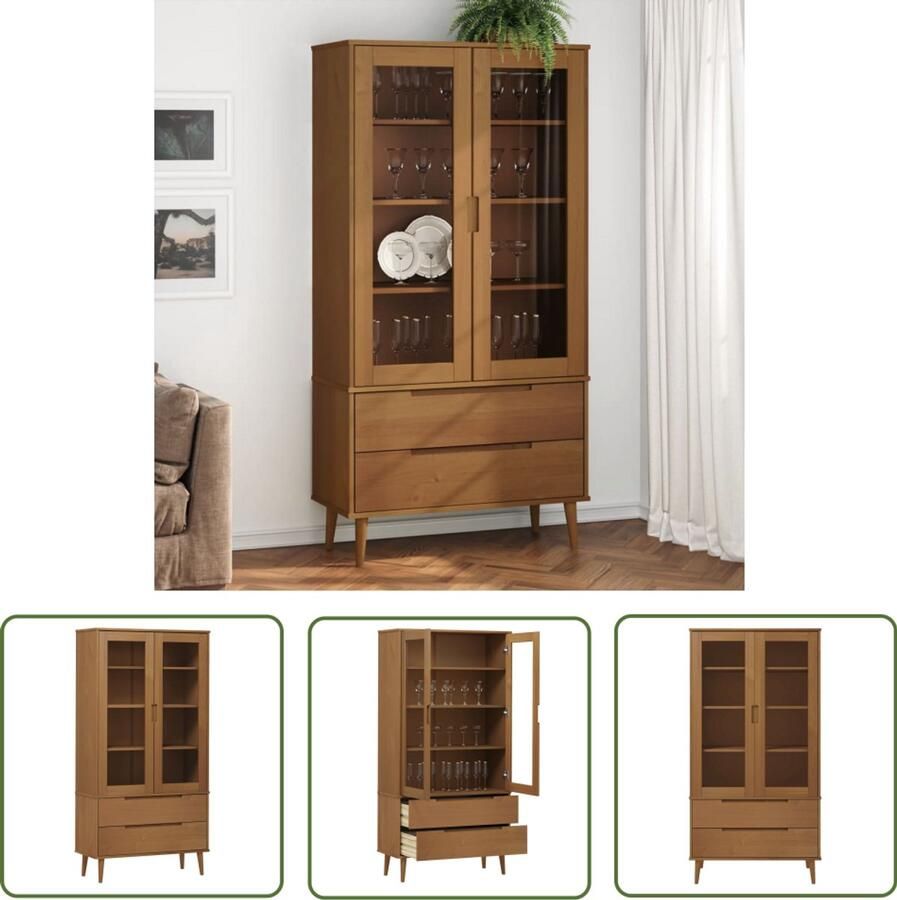 The Living Store Vitrinekast MOLDE 90x35x175 cm massief grenenhout bruin Vitrinekast Scandinavisch Design Grenenhout Vintage Rustic