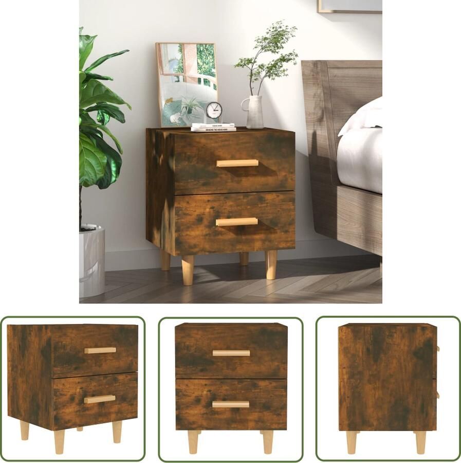 The Living Store Nachtkastje Scandinavische Stijl Gerookt Eiken 40 x 35 x 47.5 cm 2 Lades Nachtkastje Scandinavisch Meubilair Bruine Kast Houten Kast Nachtkastje Met Lade - Foto 2