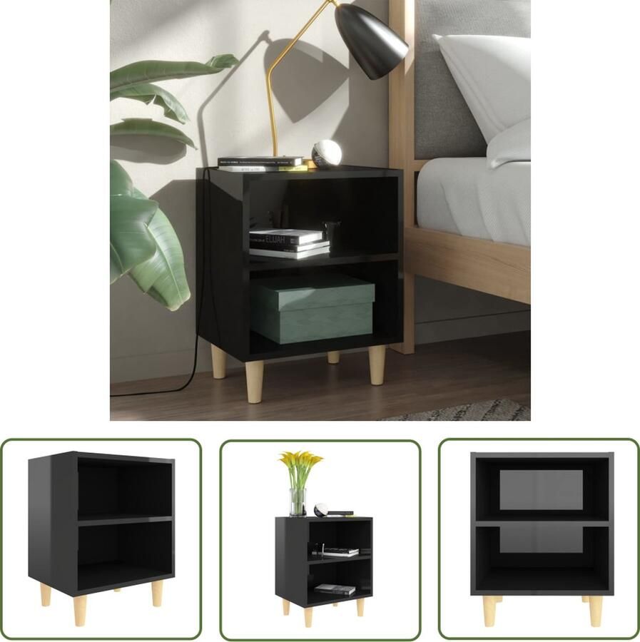 The Living Store Nachtkastje met houten poten 40x30x50 cm hoogglans zwart Nachtkastje Scandinavisch Meubilair Slaapkamerinrichting Opbergmeubel Nachtlampje - Foto 2