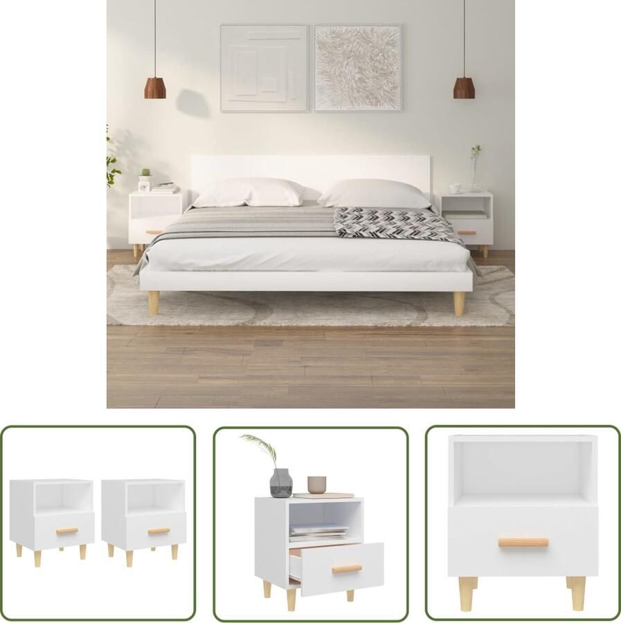 The Living Store Nachtkastje Scandinavisch Wit 40x35x47 cm Bewerkt hout en massief eucalyptushout Nachtkastje Scandinavisch Meubilair Kastje Slaapkamers Woonkamer Accessoires - Foto 2