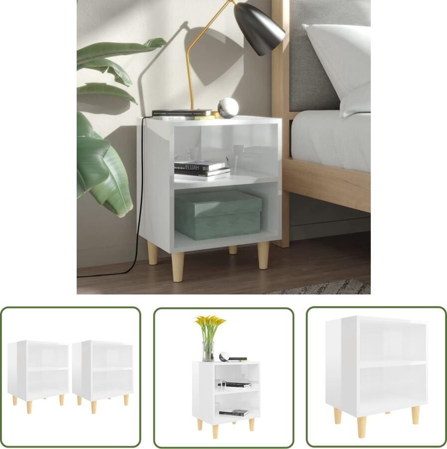 The Living Store Bedkastjes Scandinavische stijl 40x30x50 cm hoogglans wit houten poten Nachtkastjes Scandinavisch Meubilair Bedkamerinrichting Woonaccessoires Houten Nachtstand - Foto 2
