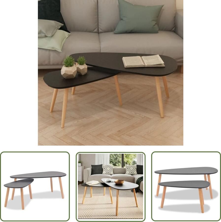 The Living Store Salontafelset Scandinavische stijl Massief grenenhout Zwart 100x50x40 cm 70x34.5x35 cm Salontafel Scandinavisch Meubilair Hout Grenenhout Zwarte Salontafel - Foto 2
