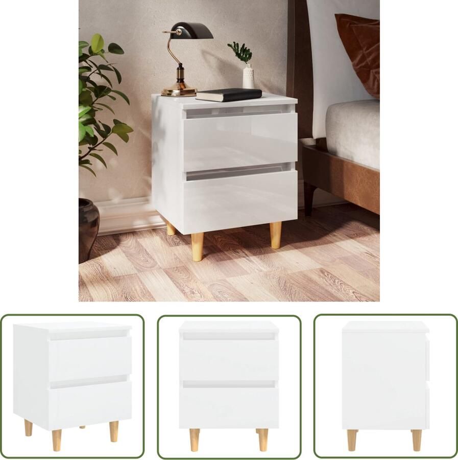 The Living Store Nachtkastje Scandinavische Stijl Hoogglans Wit 40 x 35 x 50 cm Met 2 Lades Nachtkastje Scandinavisch Wit Hoogglans Grenenhout - Foto 2