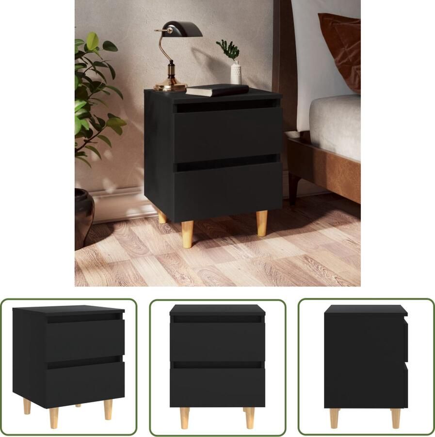 The Living Store Nachtkastje met massief grenenhouten poten 40x35x50 cm zwart Nachtkastje Scandinavisch Black Houten Nachtstandaard Slaapkamersdecoratie - Foto 2