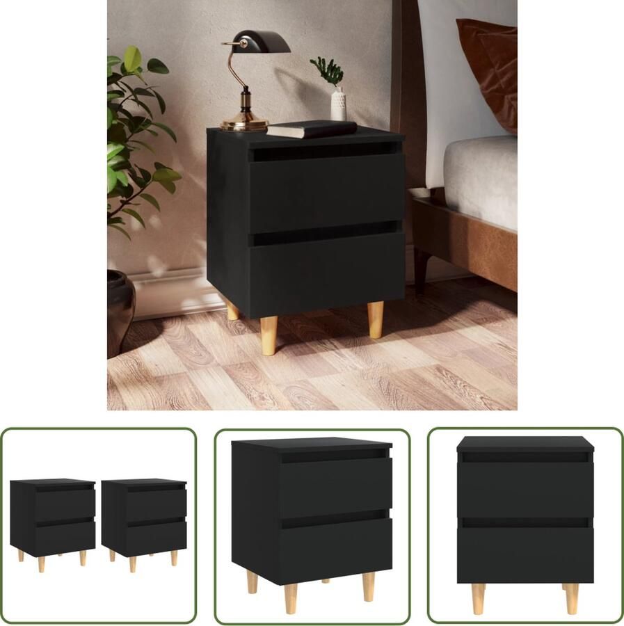 The Living Store Nachtkastje Scandinavische Stijl 40 x 35 x 50 cm Houten Poten 2 Lades Zwart Nachtkastje Scandinavisch Zwarte Nachtkast Houten Nachtkast Nachtkastje Met Lades - Foto 2