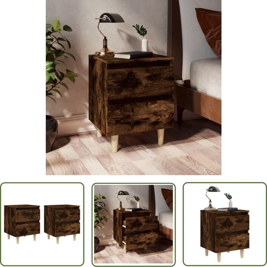The Living Store Bedkastjes Scandinavische charme Nachtkastje 40 x 35 x 50 cm Gerookt eiken 2 lades Nachtkastje Scandinavisch Bedkast Lade Houten Poten - Foto 2