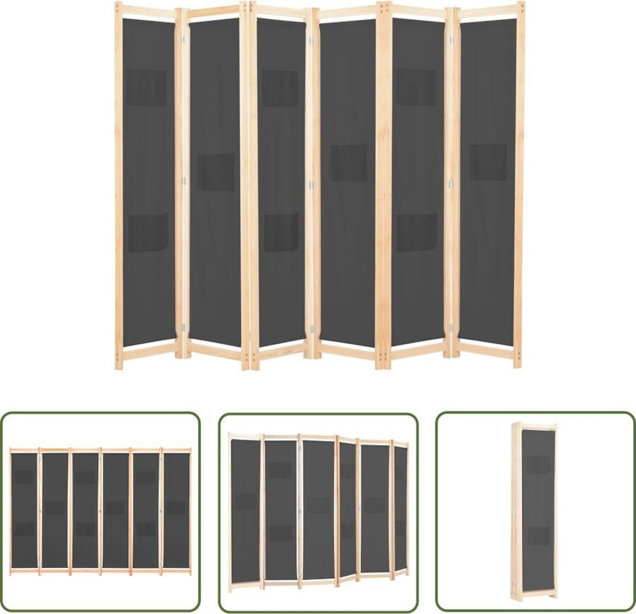 The Living Store Kamerverdeler 6 panelen 240x170x4 cm Grijs stof en vurenhout Kamer Verdeler Scheidingswand Ruimte Deler Privacy Screen Wandafscheider