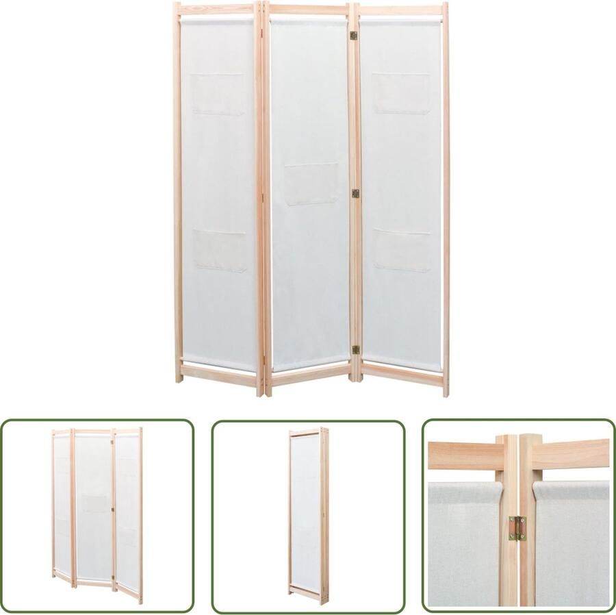 The Living Store Kamerverdeler 3 panels 120 x 170 x 4 cm Crème Houten frame Kamerdivider Scheidingswand Ruimteverdeler Kledingkast Divider Wanddecoratie