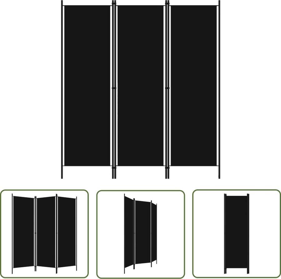 The Living Store Ruimteverdeler 3 panelen 150 x 180 cm Zwart Stof IJzer Kamerscherm Scheidingswand Privacy Screen Ruimtescheider Zwarte Wanddecoratie