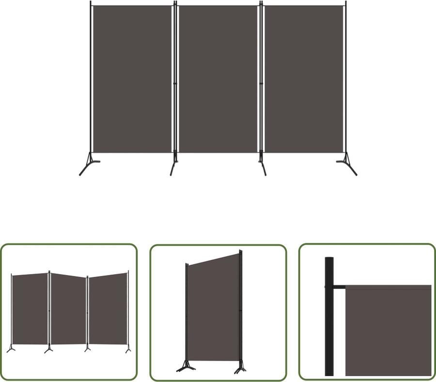 The Living Store Ruimteverdeler 3-panelig 260x180 cm Antraciet Stof gepoedercoat ijzer Kamerscherm Scheidingswand Paravent Privacy Screen Ruimtescheider