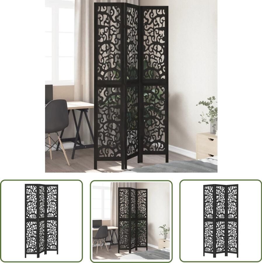 The Living Store Kamerscherm met 3 panelen massief paulowniahout zwart Kamerscherm Scheidingswand Houten Kamerscherm Paulowniahout Opvouwbaar Scherm