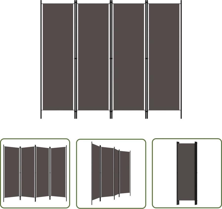 The Living Store Ruimteverdeler 4 panelen 200 x 180 cm Antraciet Gepoedercoat ijzer Stof Kamerscherm Scheidingswand Privacy Screen Ruime Verdeeld Woonaccessoires