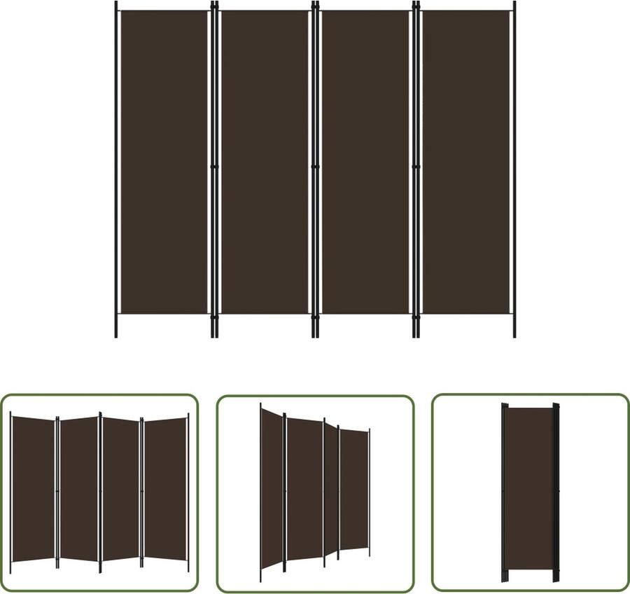 The Living Store Ruimteverdeler 4 panelen 200 x 180 cm Bruin Polyester IJzer Kamerscherm Scheidingswand Privacy Screen Ruimtescheider Bruin Meubilair