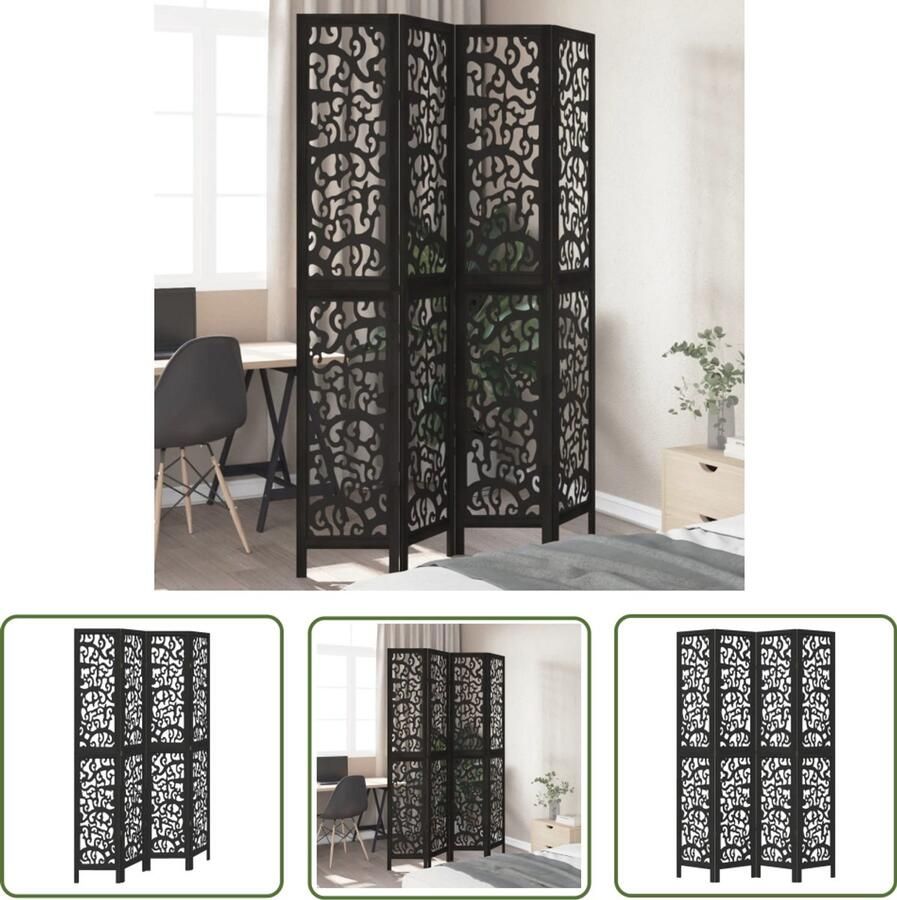 The Living Store Kamerscherm met 4 panelen massief paulowniahout zwart Kamerscherm Scheidingswand Houten Kamerscherm Paulowniahout Zwarte Kamerscherm