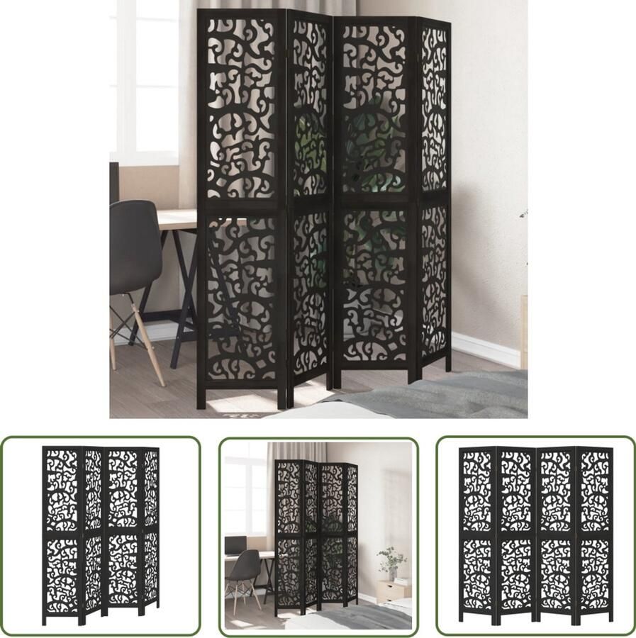 The Living Store Kamerscherm met 4 panelen massief paulowniahout zwart Kamerscherm Scheidingswand Houten Kamerscherm Paulowniahout Zwart Kamerscherm