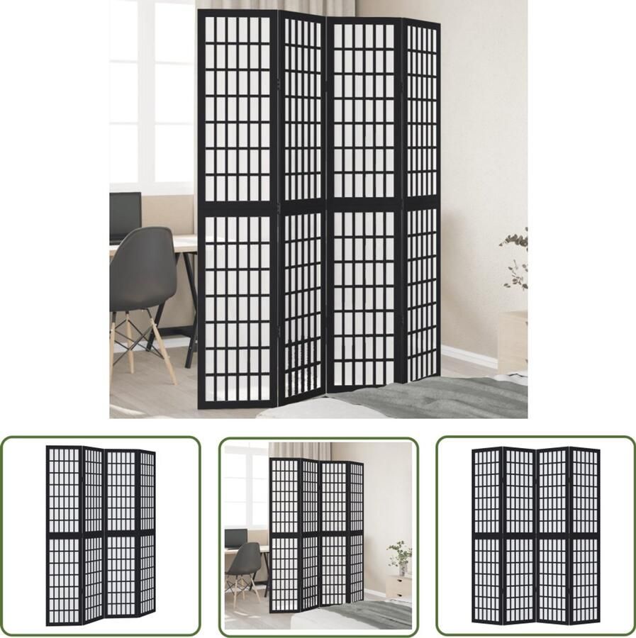 The Living Store Kamerscherm met 4 panelen massief paulowniahout zwart Kamerscherm Scheidingswand Houten Kamersscherm Paulowniahout Zwart Kamerscherm