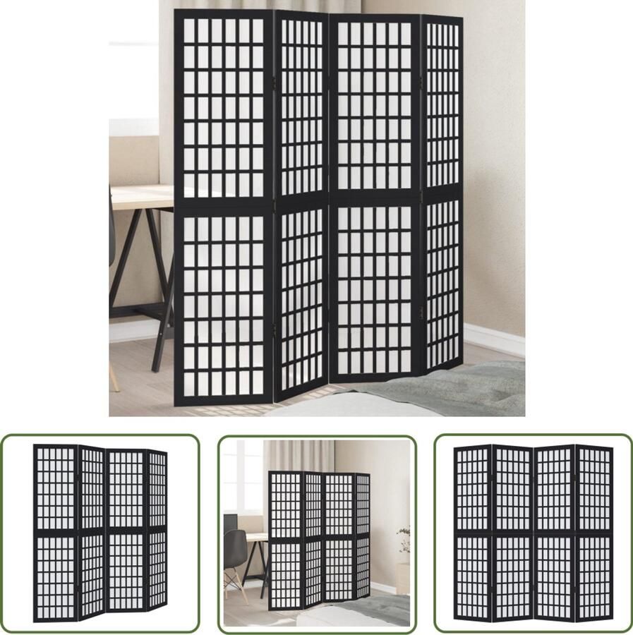 The Living Store Kamerscherm met 4 panelen massief paulowniahout zwart Kamerscherm Scheidingswand Privacy Scherm Houten Kamersscheerm Paulowniahout