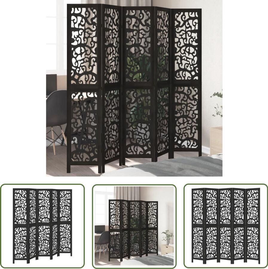 The Living Store Kamerscherm met 5 panelen massief paulowniahout zwart Kamerscherm Scheidingswand Houten Kamersscherm Paulowniahout Zwart Kamerscherm